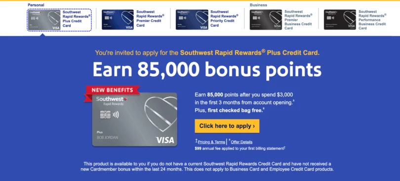 Chase Southwest 个人信用卡：注册奖励 85,000 积分（通过公开链接和推荐链接）