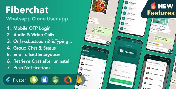 Fiberchat v1.0.32 - Whatsapp 克隆完整聊天和通话应用程序 | Android 和 iOS Flutter 聊天应用