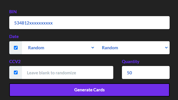 【外贸测试卡】随机信用卡生成器使用 Bin 它将生成基于 Bin 的多张信用卡 | CVC | 日期