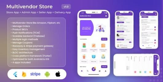 多供应商商店 v1.1 -（亚马逊、Flipkart、沃尔玛），带有卖家应用程序、管理应用程序和送货应用程序（4 个应用程序）